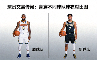 篮球球员交易传闻新闻配图，球员身穿不同球队球衣的对比图