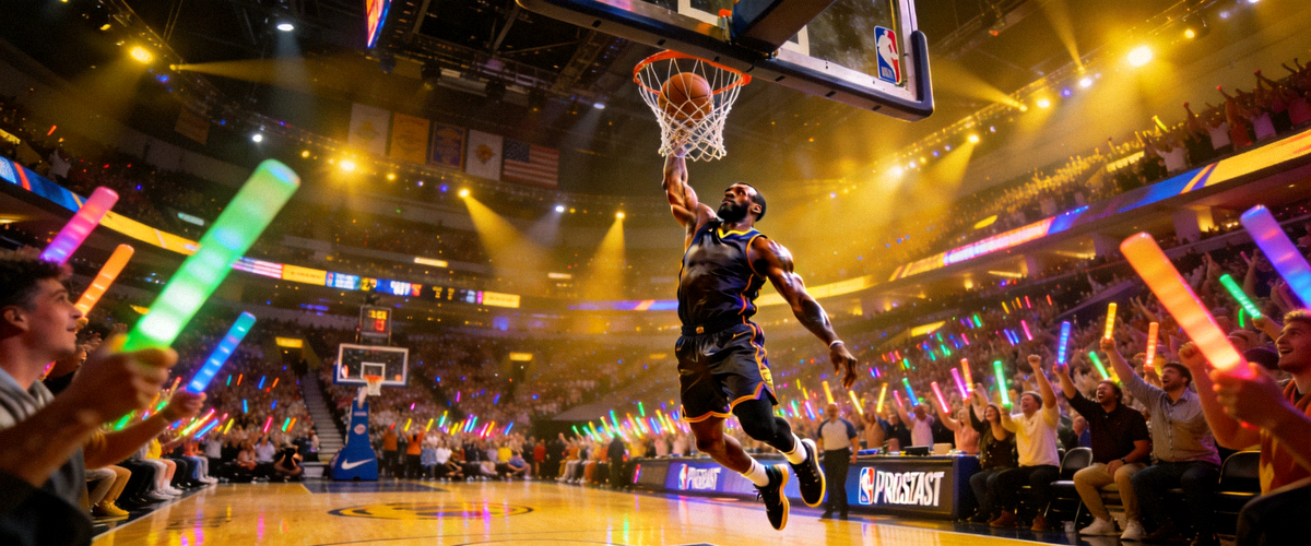 NBA季后赛篮球场上运动员扣篮的精彩瞬间，球馆灯光璀璨观众热情欢呼